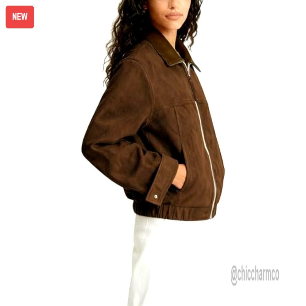 Faux Suede Cropped Jacket with Contrast Collar, Zip Front, Relaxed Fit - Picture 5 of 7